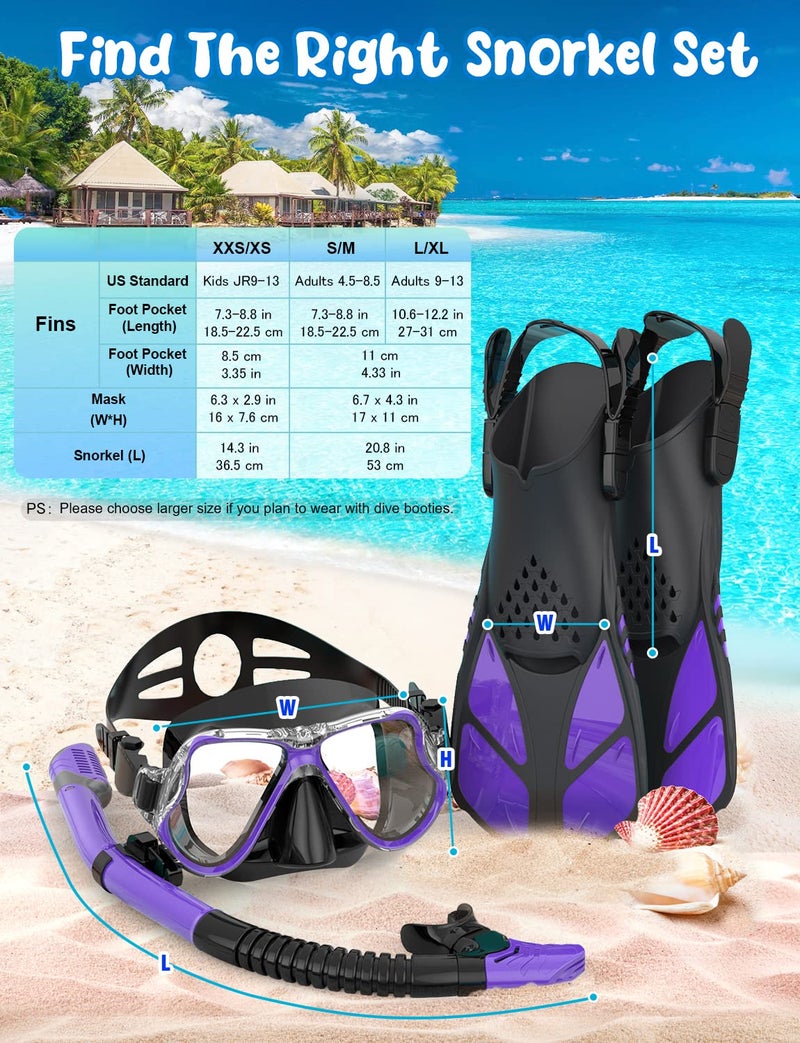 Zenoplige Mask Fins Snorkel Set, Snorkeling Gear for Adults, Panoramic View Snorkel Mask Anti-Fog, Adjustable Dive Flippers, Dry Top Snorkel and Travel Bag, Scuba Gear for Swimming Snorkeling Diving - Image 5